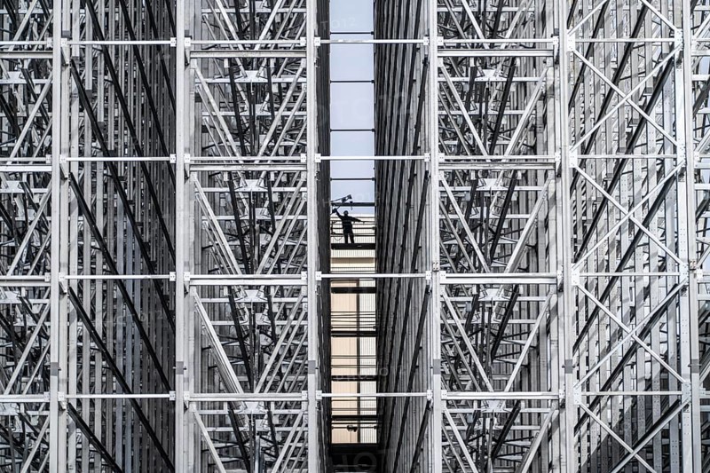 Construction of a high-bay warehouse, storage system for high space utilisation, in steel construction, North Rhine-Westphalia, Germany, Europe