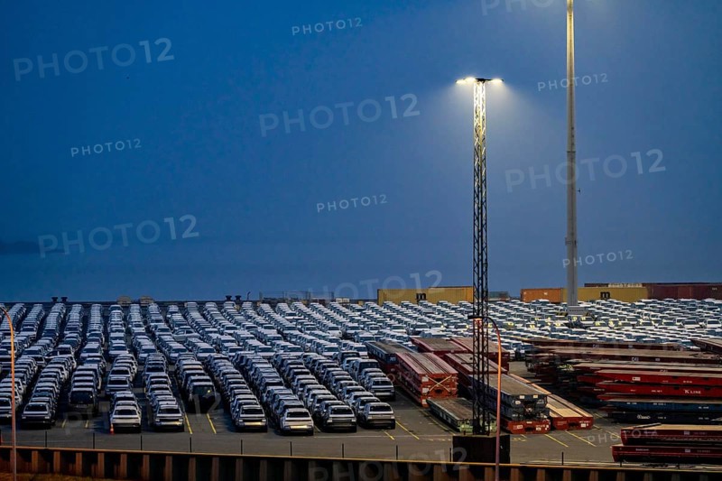 Parking space for import vehicles, hundreds of Hyundai Ioniq, electric cars, waiting for onward transport, at the EUROGATE container terminal in the overseas harbour of Bremerhaven, Lower Saxony, Germany, Europe