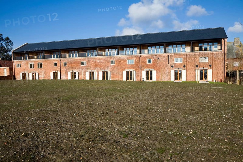 Luxury housing development of Iken View in former industrial buildings at Snape Maltings, Suffolk, England, United Kingdom, Europe