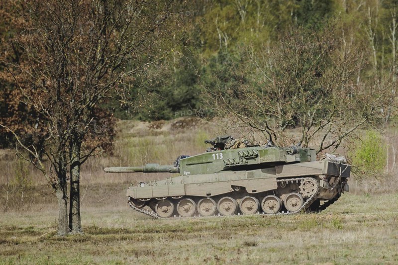 Leopard 2 A4 of the Norwegian Telemark Battalion, photographed as part of a Bundeswehr exercise with forces from Norway and the Czech Republic during the 'Wettiner Schwert' exercise as part of Quadriga 2024 in the training town of Schnöggersburg, 8 April 2024