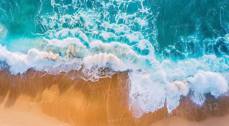 Drone bird's eye view of the ocean waves hitting the shore and sandy beach, AI generated