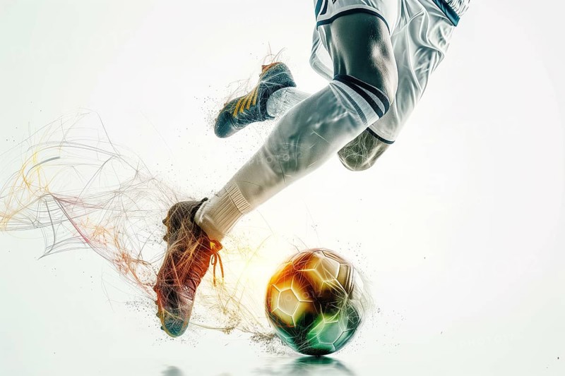 A soccer player dribbles and kicks a ball on a field double exposure style, AI generated