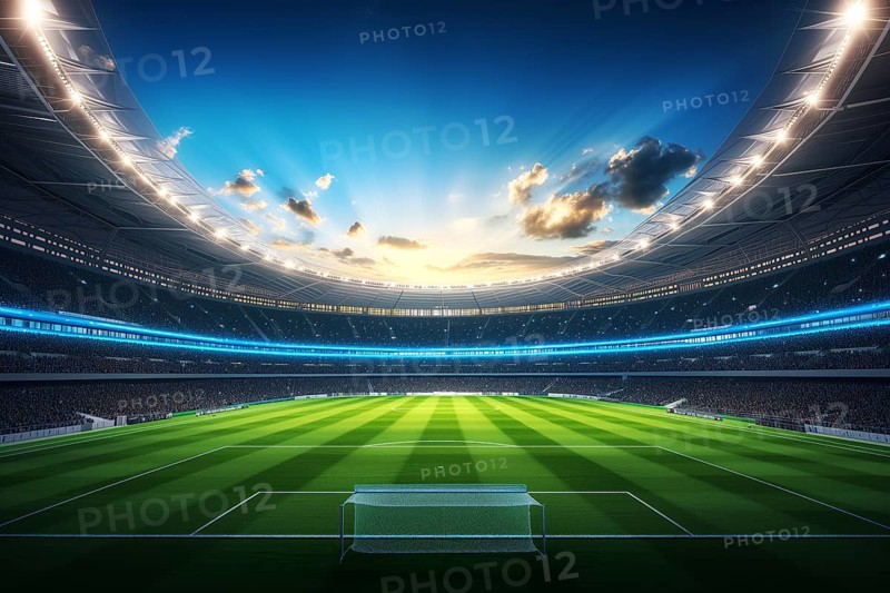 A soccer field with a large crowd of people spectators fans watching the game on sunset. The stadium is lit up with bright flood spotlights ready for a match game, AI generated