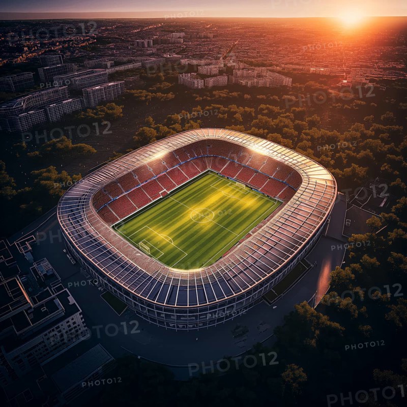 Aerial bird eye top view of a soccer football field stadium on sunset, AI generated
