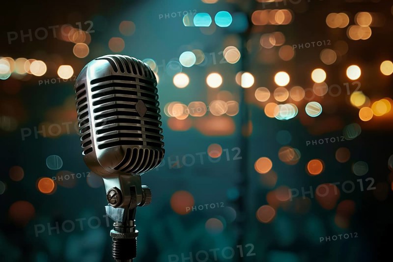 Microphone on a microphone stand with a blurry coloful background, AI generated