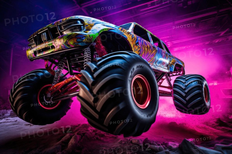 Monster truck with neon lighting, jumping off-road in cloud of dust. Excitement and thrill of an extreme sport, AI generated