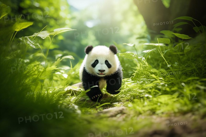 Cute panda cub in a lush bamboo grove, The image showcases the beauty and serenity of nature and wildlife. Endangered species, AI generated