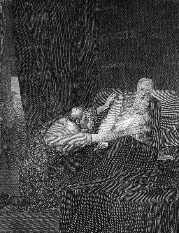 Blind Isaac notices Jacob's deception, Second Book of Moses, chapter 27, room, bed, pleading, Old Testament, Bible, historical illustration 1854