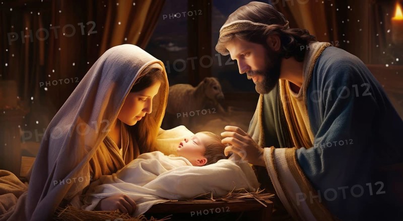 A nativity scene with a baby Jesus, Mary and Joseph, AI generated