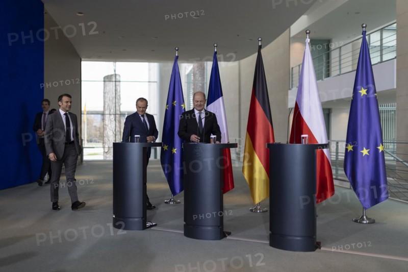 Olaf Scholz (SPD), Federal Chancellor, Emmanuel Macron, President of France, Donald Tusk, Prime Minister of Poland, at a press conference at the Federal Chancellery in Berlin, 15 March 2024