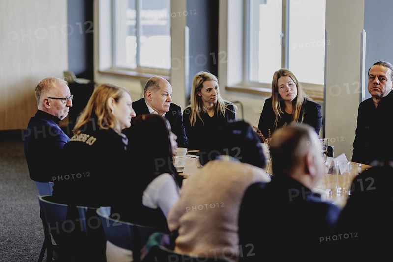 Olaf Scholz (SPD), Federal Chancellor, at a meeting with migrants and people involved in the field at SV Babelsberg in Potsdam, 26 February 2024