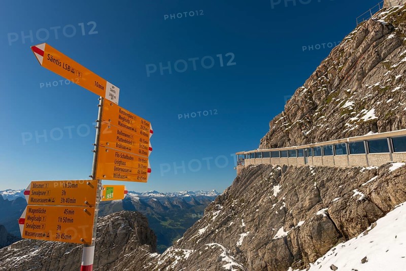 Information boards on the hiking trails, view of the Appenzell Alps from the Alpine peak of Säntis, 2505 metres above sea level, Schwägalp, snow-covered mountain range, Urnäsch, Canton of Appenzell, Ausserrhoden, Switzerland, Europe