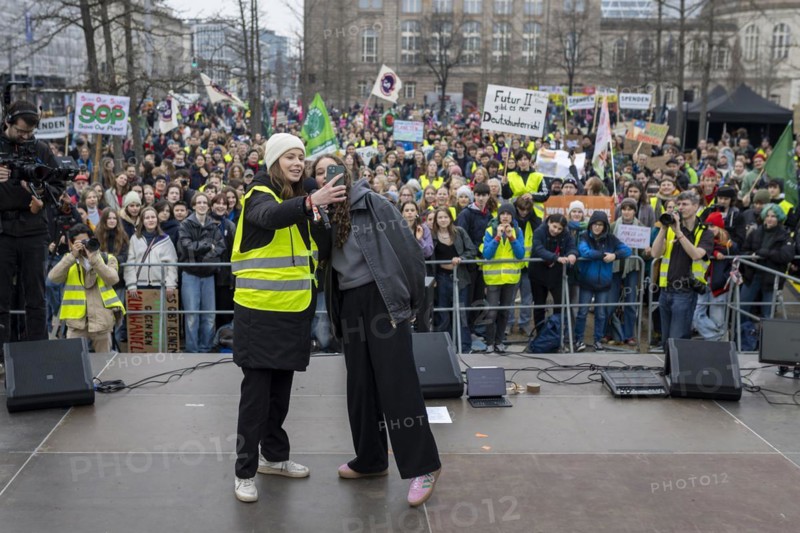 Luisa Neubauer, climate activist at Fridays for Future, together with Samira Ghandour, recorded during a joint strike by Fridays for Future and local transport workers from the trade union ver.di, in Berlin, 1 March 2024