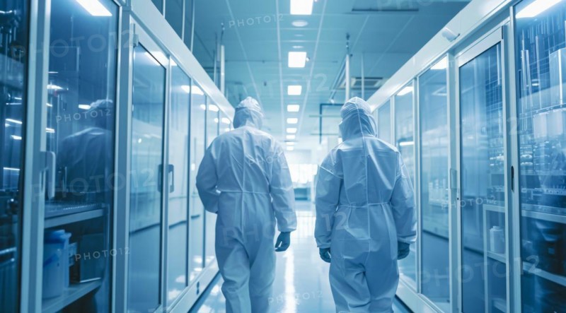 Scientist in research laboratory in protective hazmat suits. Pharmacology biology, and virus lab, AI generated