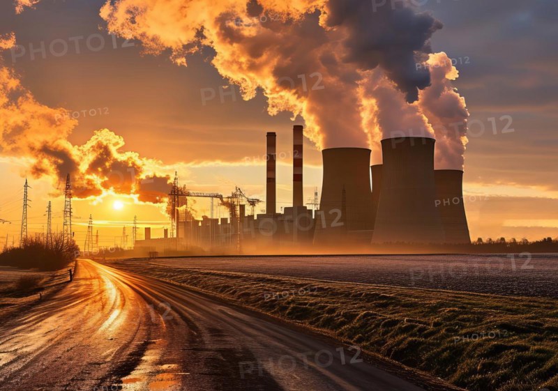 Industrial factory refinery producing a lot of pollution, plume of smokes polluting ozone layer, AI generated