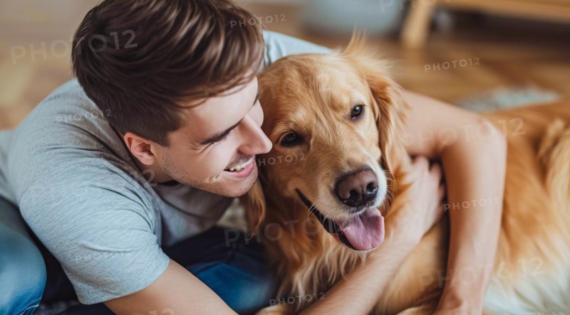 Happy dog gold retriever owner sitting together with his cute dog playing and hugging him, AI generated