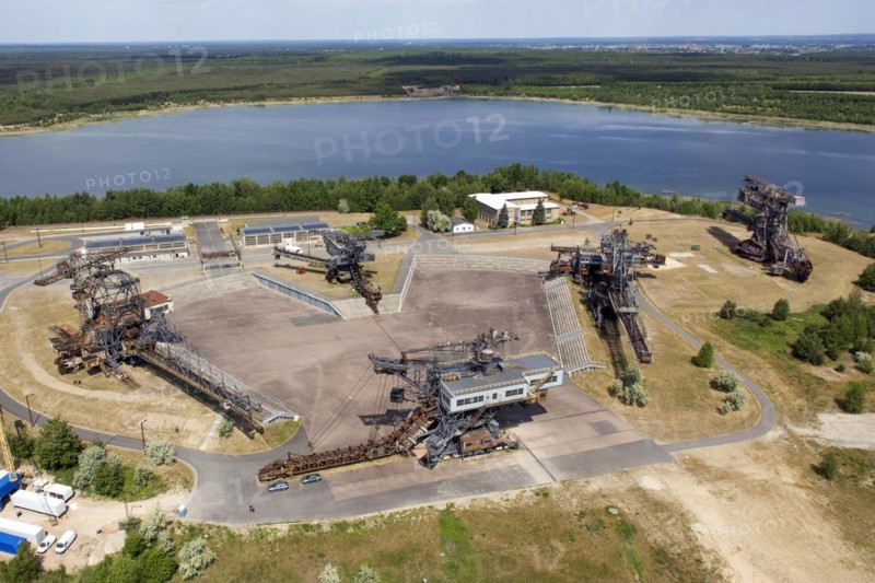 Ferropolis, the city of iron, consists of five old bucket-wheel and bucket-chain excavators. They are located on a peninsula in Lake Gremlin. Lignite was mined here until 1991. Ferropolis is now a museum of industrial history, Gräfenhainichen, 11.06.2015., Gräfenhainichen, Saxony-Anhalt, Germany, Europe