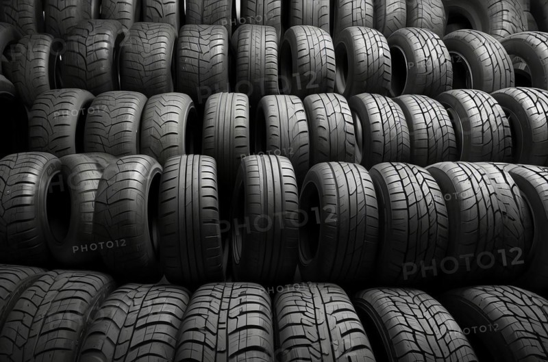Four tires are shown in a row, with the front tire being the largest. The tires are of different sizes and are arranged in a way that they are all facing the same direction, AI generated