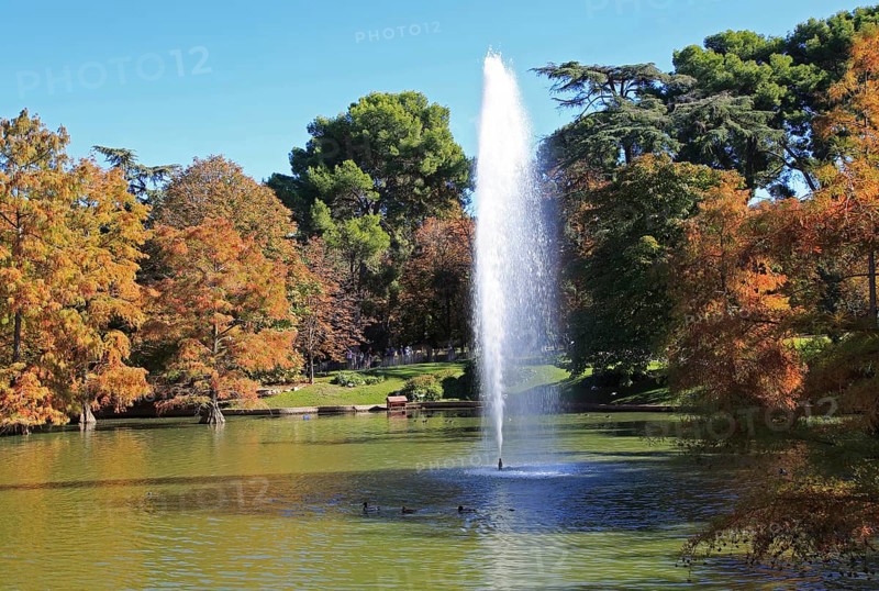 Water fountain in pond lake by Crystal Palace, El Retiro park, Madrid, Spain, Europe