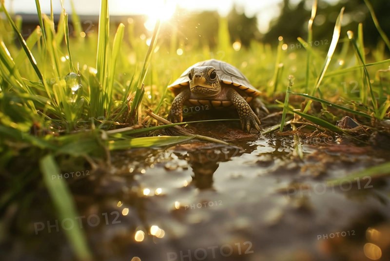 A cute little turtle crawls in grass, illuminated by the golden rays of the setting sun, AI generated