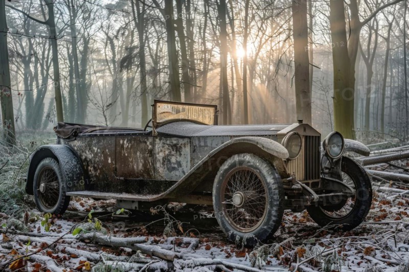 An old, weathered and dusty British vintage car, wreck, of the Rolls Royce type from the 1930s stands in a wintry forest, car graveyard, between trees, symbolic image for restoration, repair, restoration of historical cultural assets, AI generated, AI generated, AI generated