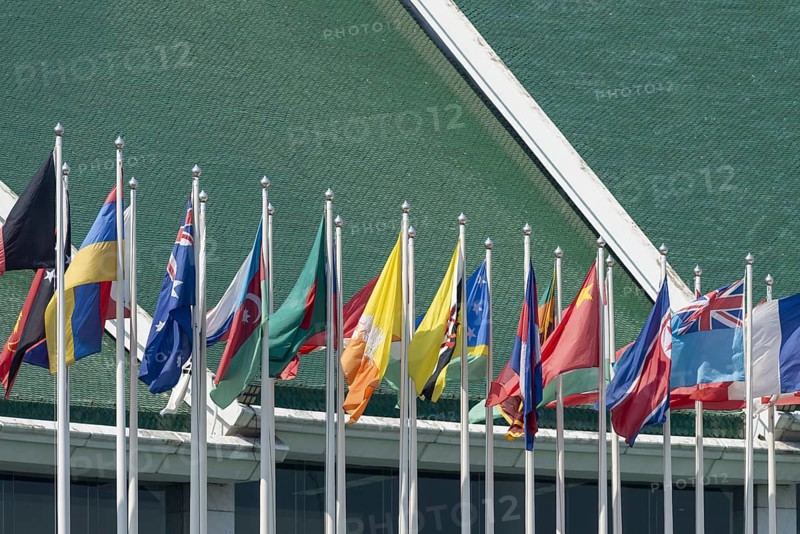 Many flags in front of the United Nations Conference Centre, Bangkok, Thailand, Asia