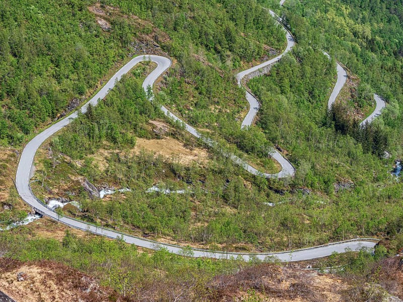 Serpentines of the Gaularfjell mountain crossing, national tourist route north of Balestrand, Norway, Europe
