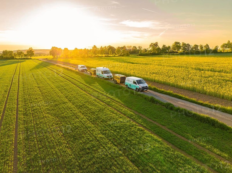 Cars driving along a rural road next to green fields at sunset, fibreglass installation, Calw district, Black Forest, Germany, Europe