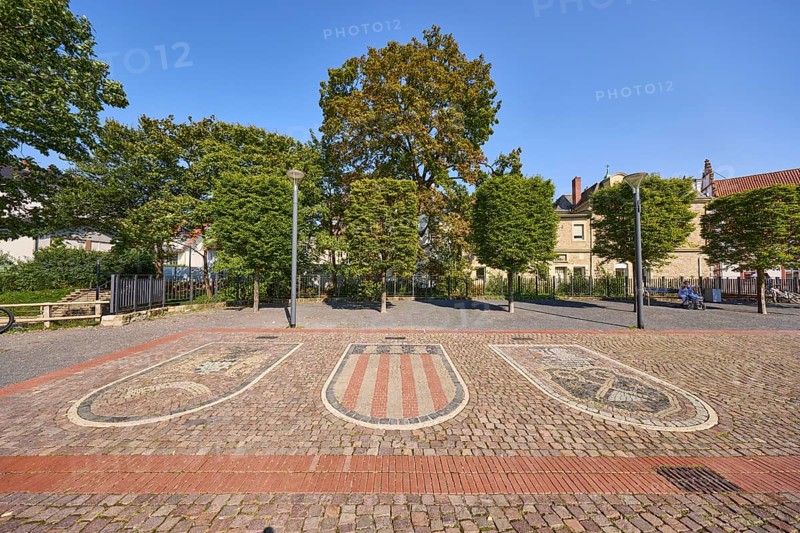 Paved coat of arms on the Salzhof square in Bad Salzuflen, Lippe district, North Rhine-Westphalia, Germany, Europe