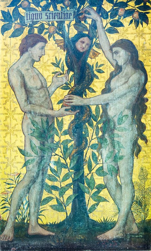 Tree of Knowledge with Adam and Eve reredos painting by Norman Shaw 1870s, Kelsale church, Suffolk, England, UK, Arts and Crafts Movement