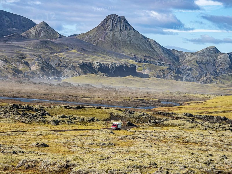 Skafta river and Uxatindar mountain range, camper van on road F206, Laki tourist road, Iceland, Europe