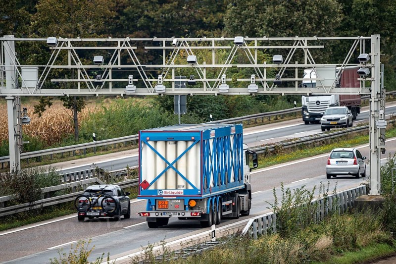Sensors on a toll bridge, for recording motorway tolls, on the A3 motorway near Hamminkeln, Lower Rhine, North Rhine-Westphalia, Germany, Europe