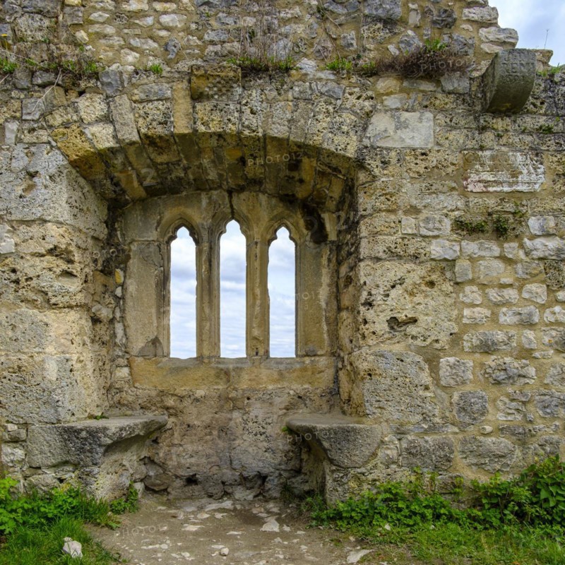 Gothic tracery window in an old fragment of wall, ruins of the medieval Hohenurach Castle, Bad Urach, Swabian Alb, Baden-Württemberg, Germany, Europe