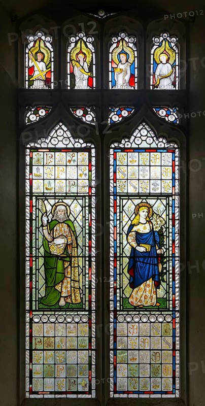 Stained glass window of Saint John (by William Morris) and Saint Mary (by Edward Burne-Jones) c 1875, Kelsale church, Suffolk, England, UK