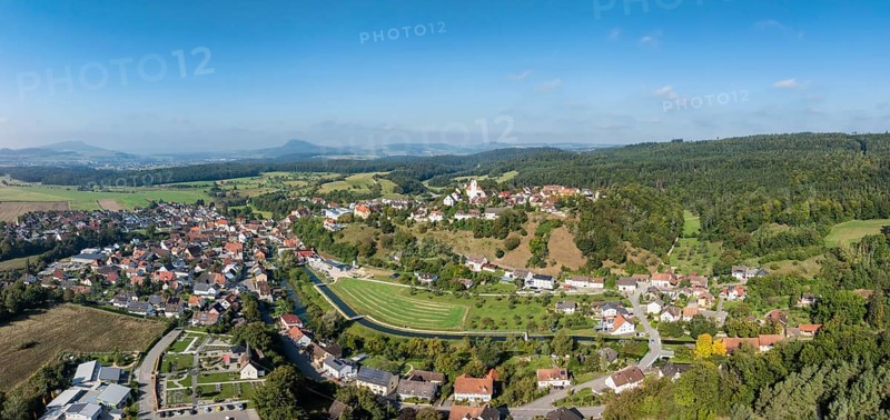 Aerial view, panorama of the town of Aach in Hegau, with the Radolfzeller Aach, which flows into Lake Constance, on the horizon the Hegau mountains, district of Constance, Baden-Württemberg, Germany, Europe
