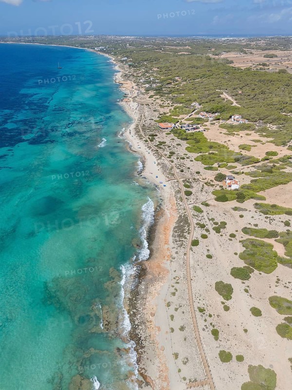 Aerial view of the beach walk at Platja Es Arenals, Playa Migjorn, Formentera, Balearic Islands, Spain, Europe