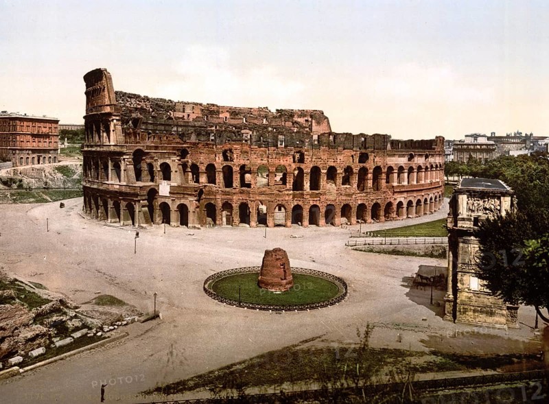 The Colosseum and Meta Sudans, Rome, Italy, Historic, digitally restored reproduction from a 19th century original, Record date not stated, The Colisuem and Meta Sudans, Rome, Italy, Historic, digitally restored reproduction from a 19th century original, Record date not stated, Europe