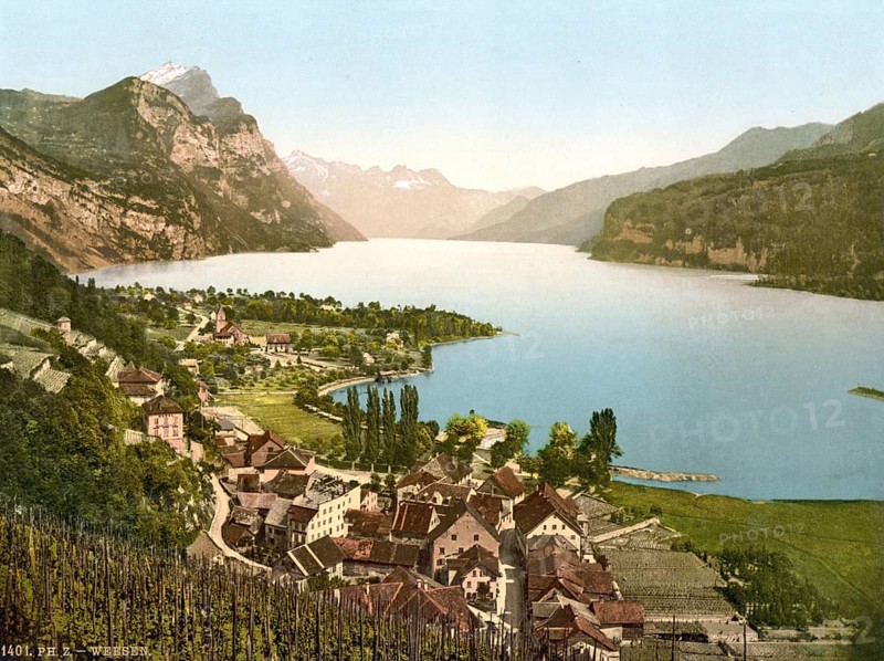 Wallenstadt Lake, Weesen, near Leistkamm and view on the mountain range of Aliver, St. Gall, Switzerland, Historic, digitally restored reproduction from a 19th century original, Record date not stated, Europe