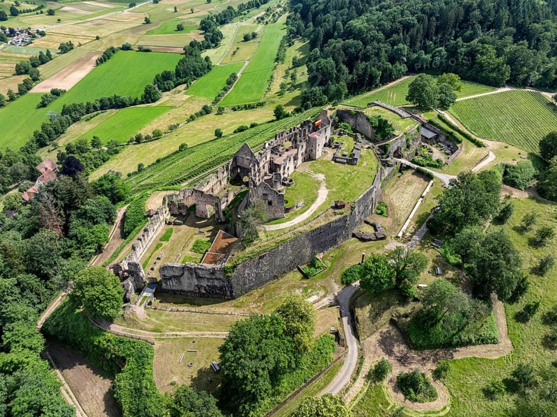 Aerial view of the ruins of Hochburg Castle, also known as Hachberg, 11th century, between Emmendingen, Sexau and Windenreute, second largest castle complex in Baden, administrative district of Freiburg, Black Forest, Baden-Württemberg, Germany, Europe