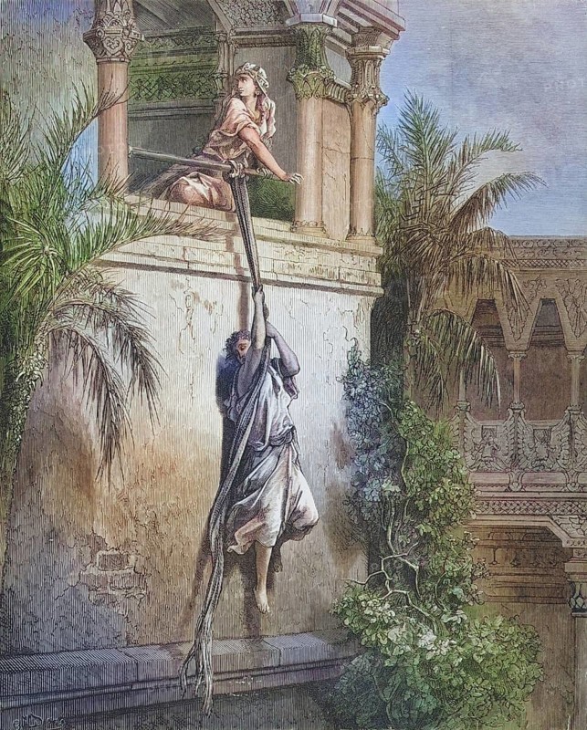 Engraving from The Dore Bible illustrating 1 Samuel, The Escape of David Through the Window by Gustave Dore 1832-1883 French artist and illustrator, Historic, digitally restored reproduction from a 19th century original, Record date not stated