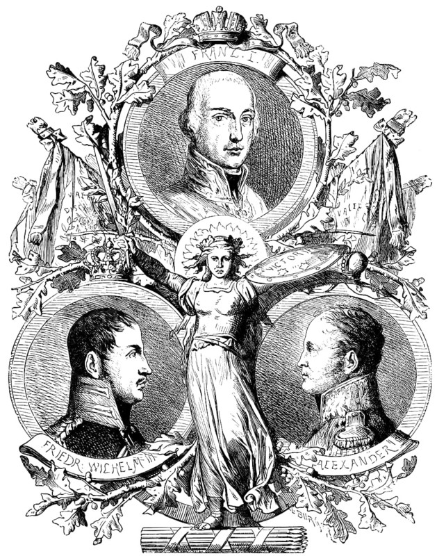 Portraits of the founders of the Holy Alliance, Emperor Francis I of Austria, King Frederick William III of Prussia, Tsar Alexander of Russia, Second Peace of Paris 1815, Goddess of Victory Victoria, ornamentation, oak leaves, frame, face, France, historical illustration 1882, Europe