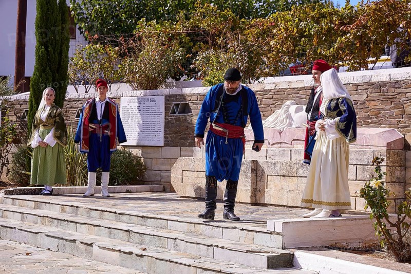 Group in traditional dress during a ceremony on a stage, visit of Federal President Frank-Walter Steinmeier in Kandanos on 31 October 2024, Federal President, Frank-Walter Steinmeier, memorial, war crimes, Nazis, Wehrmacht crimes, World War II, Kandanos, Southwest Crete, Crete, Greek Islands, Greece, Europe