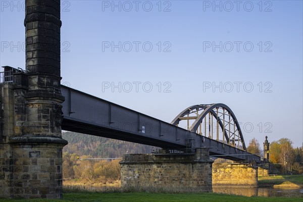 The Carola Bridge is a 187 m long railway bridge that spans the Elbe between Bad Schandau and Rathmannsdorf at river kilometre 11.86., Carola Bridge Bad Schandau, Bad Schandau, Saxony, Germany, Europe