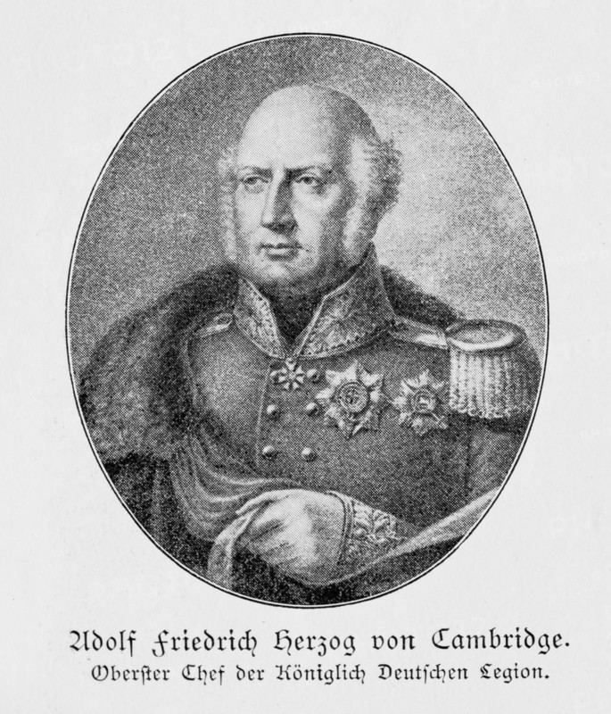 Field Marshal Adolf Friedrich Duke of Cambridge, Prince Adolphus Frederick, 1st Duke of Cambridge, Supreme Chief of the Royal German Legion, man with orders and decorations, historical illustration from the commemorative publication Zur Erinnerung an die Königlich Hannoversche Armee und ihre Stammtruppen, Gedenkblatt zur Feier des 19. Dezember 1903, Meisenbach, Riffarth & Co, 1903, black and white print with visible halftone dots, England, Great Britain, Ireland, Germany, Europe