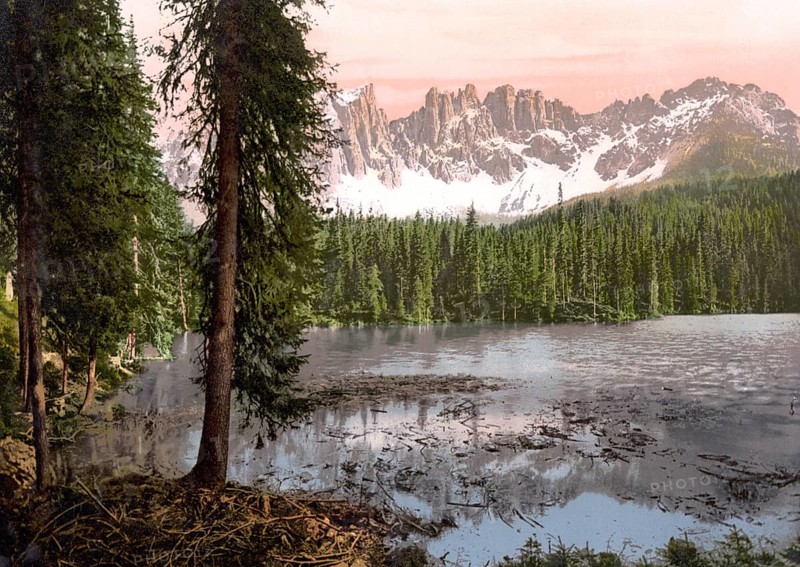 The lower Lake Carezza, South Tyrol, Italy, Historical, digitally restored reproduction from a 19th century original, Record date not stated, Europe