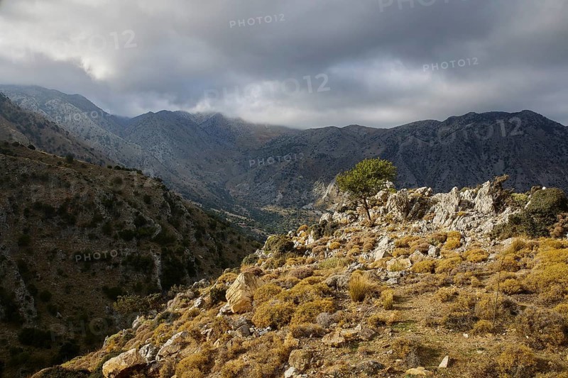 Dark cloud cover hangs over a wild mountain landscape, creating a dramatic feeling of untouched nature, Kallikratis, Kallikratis Gorge, Sfakia, West Crete, Crete, Greek Islands, Greece, Europe