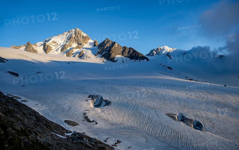 High alpine mountain landscape, summit of the Aiguille de Chardonnet and Glacier du Tour, glaciers and mountain peaks, Chamonix, Haute-Savoie, France, Europe