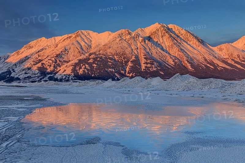 Morning light, clouds, mountains, snowy, winter, ice, Kluane Lake, Kluane Mountains, Yukon, Canada, North America