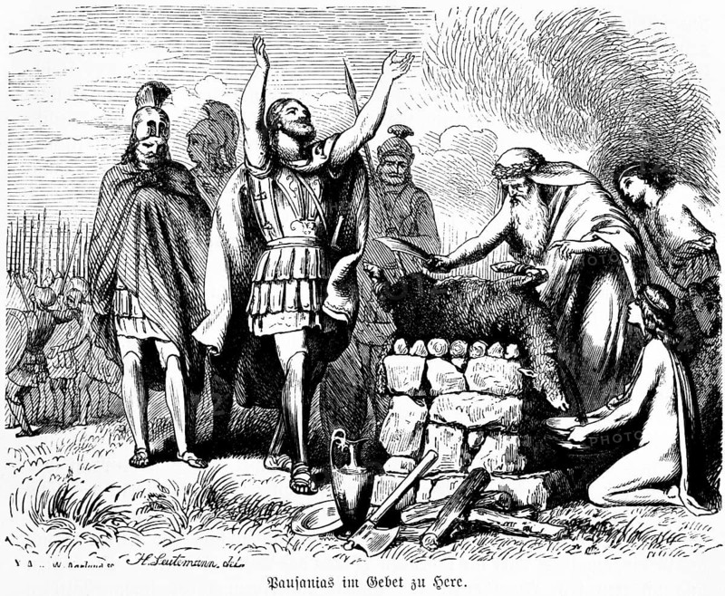 Pausanias in prayer to the goddess Hera, warrior, armed army, sheep as animal sacrifice, bleeding to death, priest, ancient Greeks, historical illustration ca. 1890