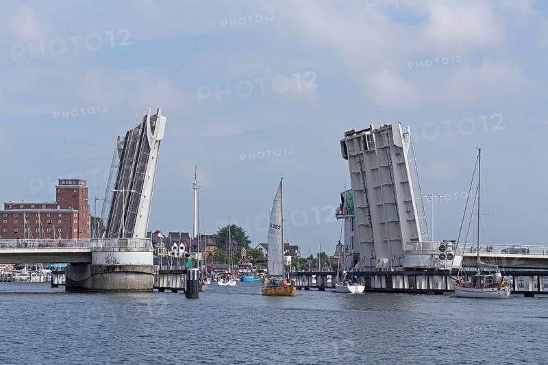 Open bascule bridge, sailing boats, Kappeln, Schlei, Schleswig-Holstein, Germany, Europe
